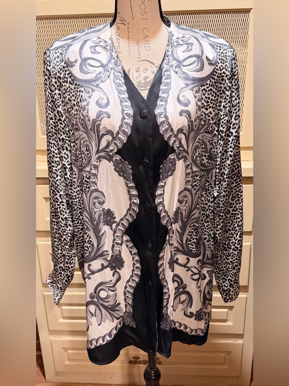 Vintage August Max Woman Silk Blouse Leopard Baroque Animal Print Blouse